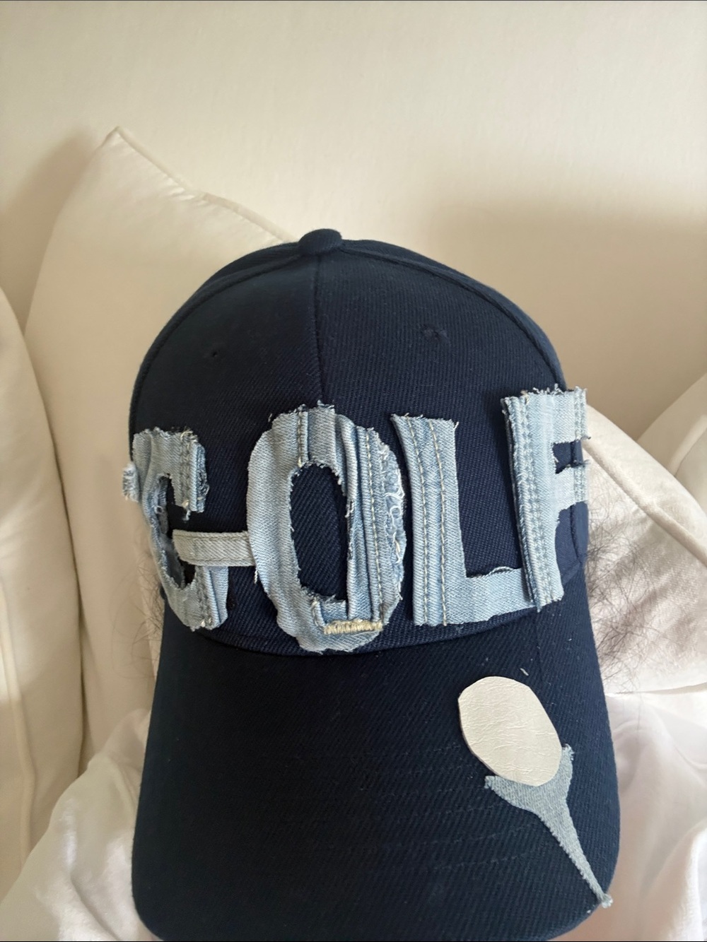 Navy GOLF  Cap with Frayed Denim 'GOLF' Appliqués and leather ball with Jean tee